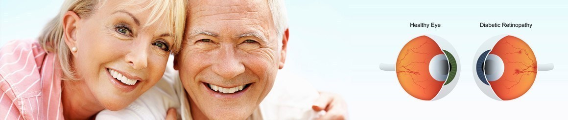A smiling older couple beside two cross-section diagrams of an eye, labelled Healthy Eye and Diabetic Retinopathy.