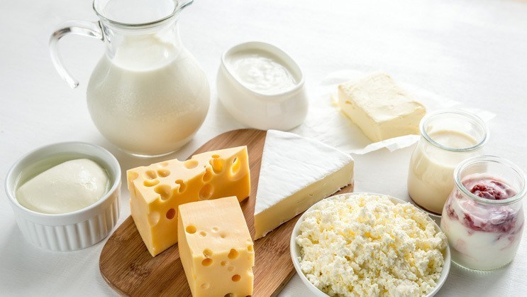 A jug of milk with cheese, butter, yoghurt and cottage cheese arranged around it.