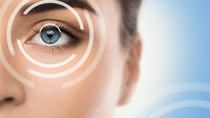 A woman's eye with concentric rings drawn over it.