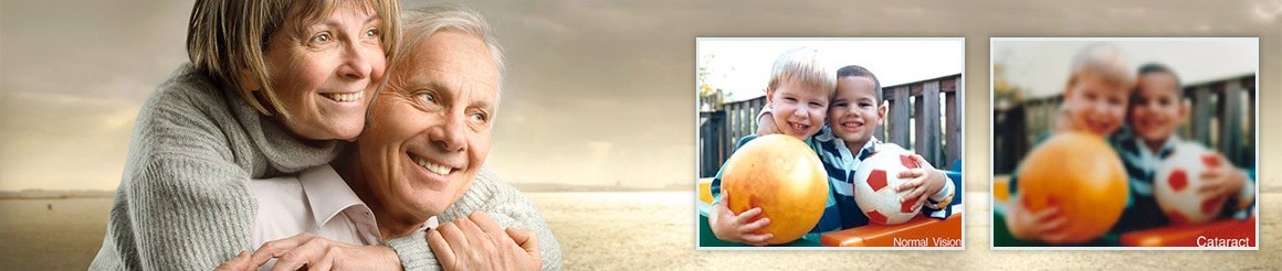 A smiling older couple beside two photographs of the same two children, one sharp and labelled Normal Vision, the other clouded and labelled Cataract.