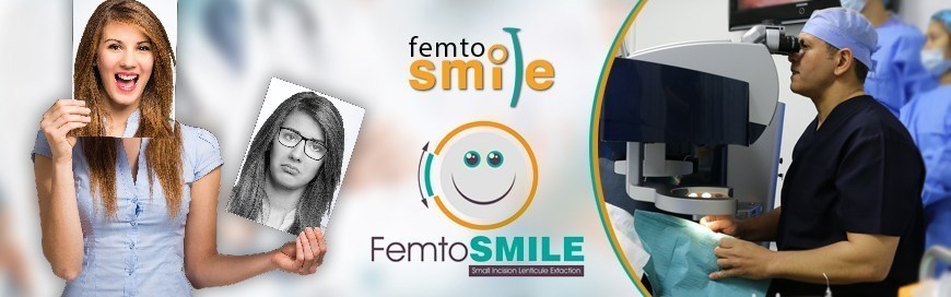 A woman holding up two portraits of herself, one smiling without glasses and one frowning with them, beside the FemtoSMILE logo and a surgeon at a laser microscope.
